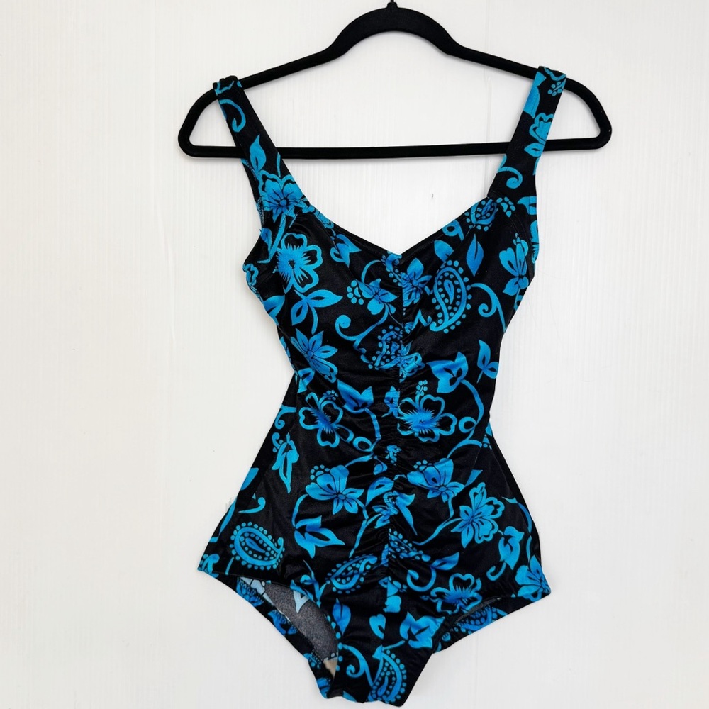 Maxine of Hollywood Black and Blue Swimsuit rouched Retro Hawaiian Print 10